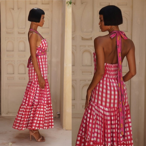 Mo Maya Runa Gingham Check and Leopard Strap Print Square Neckline Dress - Picture 5 of 5